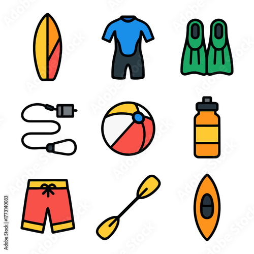 Water sports equipment collection: surfboard, wetsuit, flippers, kayak, paddle, beach ball.