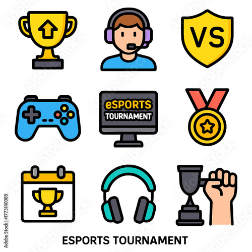 Esports tournament icons: gamer, controller, trophy, medal, gaming headset illustrations.