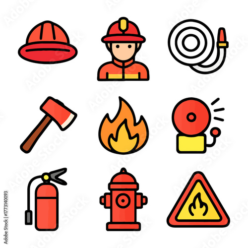 Colorful firefighting icons: helmet, firefighter, hose, axe, flame, alarm, extinguisher, hydrant, caution.