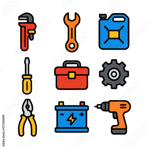 Colorful icon set of handy tools including wrench, pliers, and drill.
