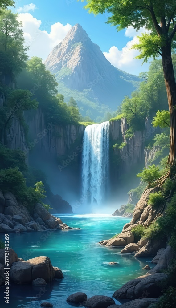 Obraz premium Powerful waterfall flows into turquoise river in rich mountain valley. High rocky peak rises against blue sky. Green forest trees, stones surround calm water. Serene landscape artwork shows beautiful