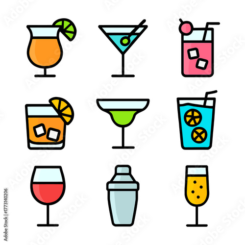 Assorted colorful cocktails and drinks outline icons on white background.