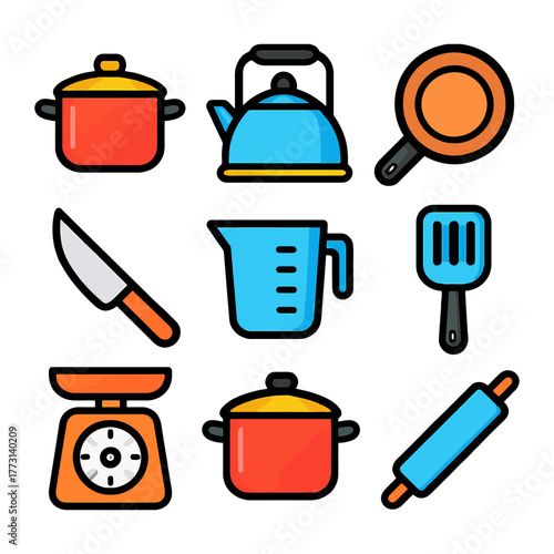 Colorful kitchen utensils set with pots, kettle, pan, and cooking tools illustration.