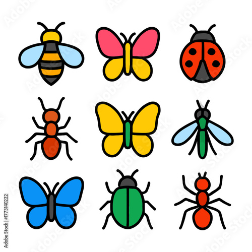 Colorful cartoon insects set: bees, butterflies, ladybugs, ants, flies.