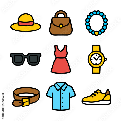 Collection of fashion accessories and clothing items on white background.