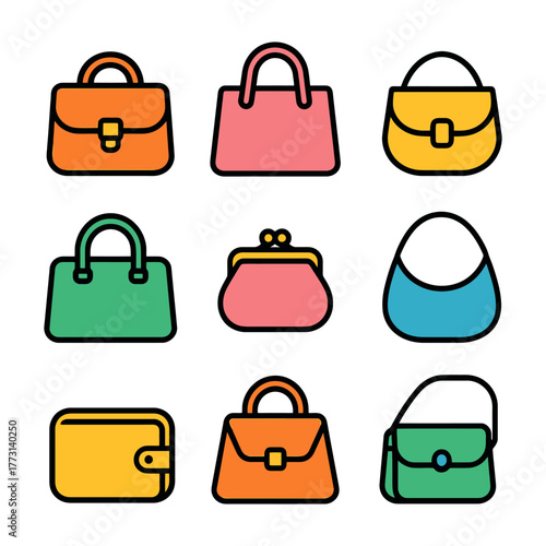Colorful handbag and purse icons - nine stylish designs.