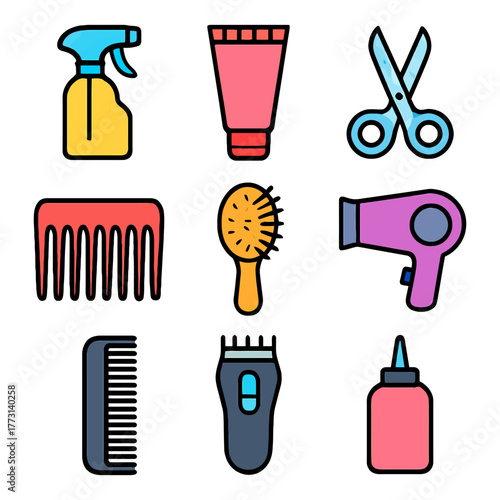 Colorful hair tools collection: spray bottle, comb, scissors, hair dryer, brush, clipper.
