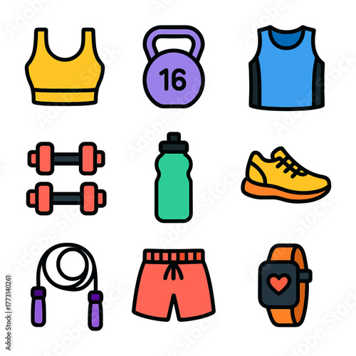 Colorful fitness icons collection: sports bra, kettlebell, dumbbells, water bottle, running shoes, jump rope, smartwatch.