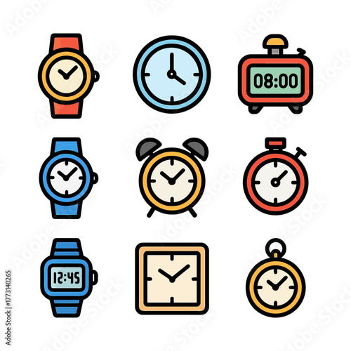Collection of colorful clocks and watches with various designs.