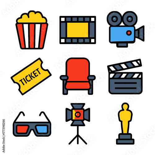 Cinema icons featuring popcorn, film reel, camera, ticket, seat, clapboard, glasses, spotlight, award.