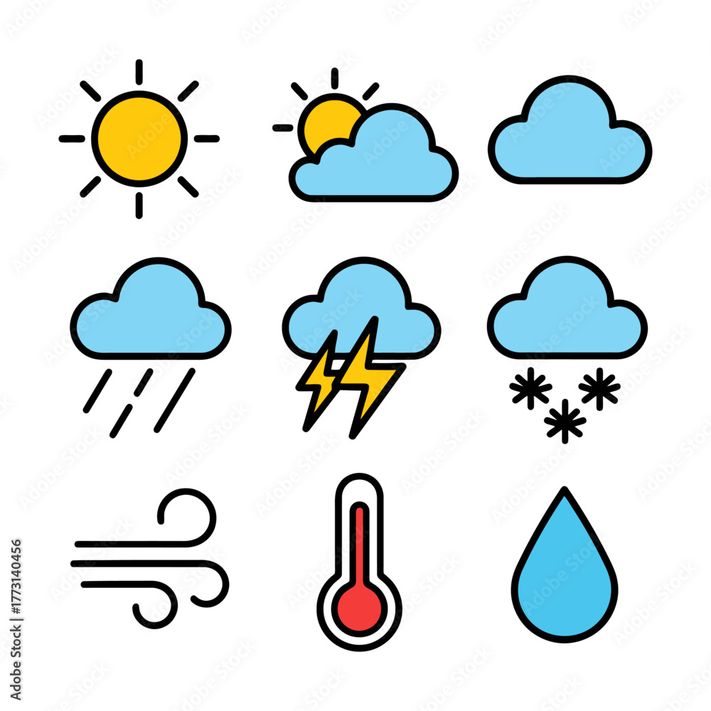 Obraz premium Colorful weather icons set: sun, clouds, rain, thunder, snow, wind, temperature, droplet.