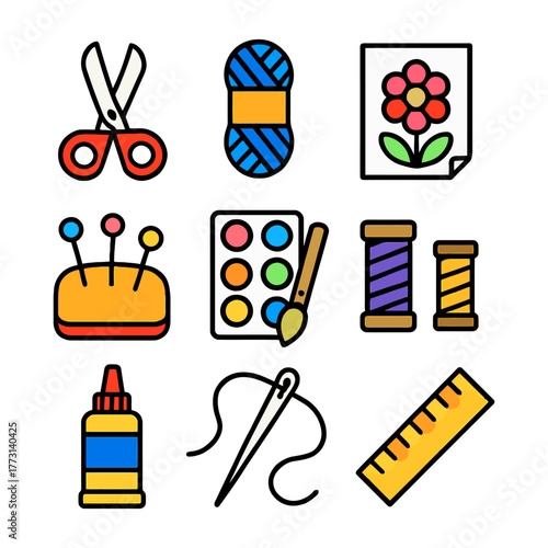 Colorful crafting tools including scissors, yarn, and needle for creative projects.