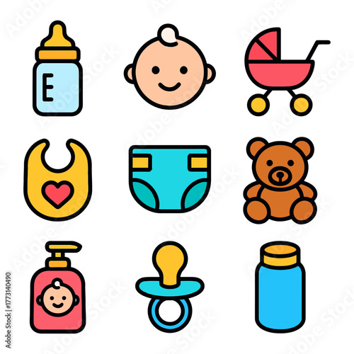 Colorful baby essentials icons set: bottle, stroller, diaper, teddy bear, pacifier.