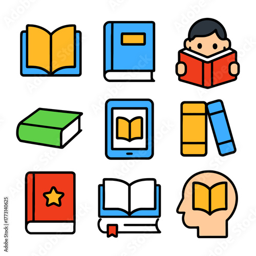 Icon set featuring books and e-reader with person reading.