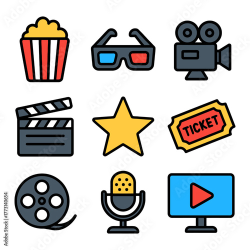 Colorful cinema icons: popcorn, 3d glasses, camera, and more.