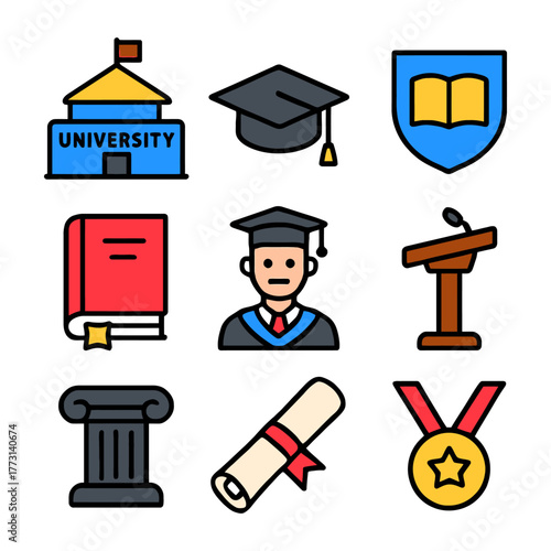 Education icons set: university, graduation cap, book, scholar, pedestal, diploma, medal.