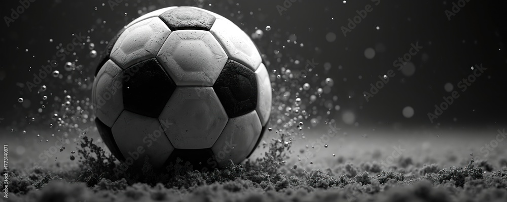 Fototapeta premium Soccer ball explodes into water particles mid game. Dynamic action shot of a football in motion, isolated on a dark background. Abstract sports concept with many tiny droplets flying.