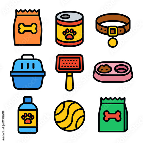 Colorful dog products: food, toys, and accessories icons set.