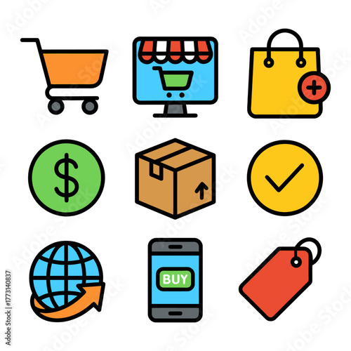 Colorful shopping icons collection for online and in-store retail.