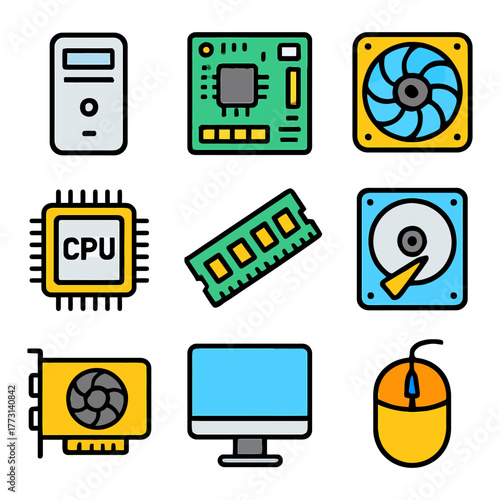 Computer hardware components with colorful icons including cpu, motherboard, fan, ram, and more.