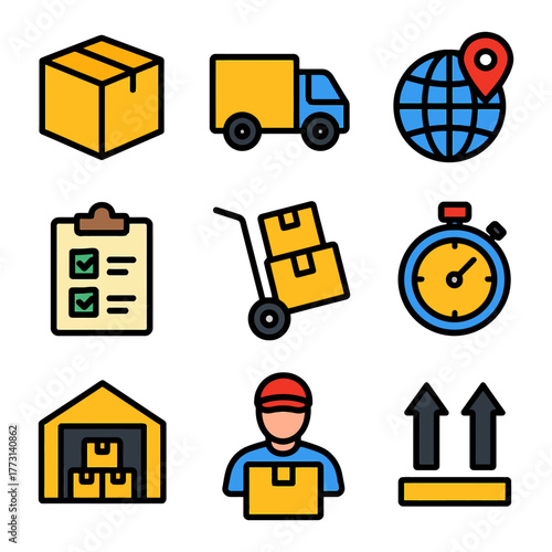 Logistics and delivery icons: packages, shipping, and timing elements.