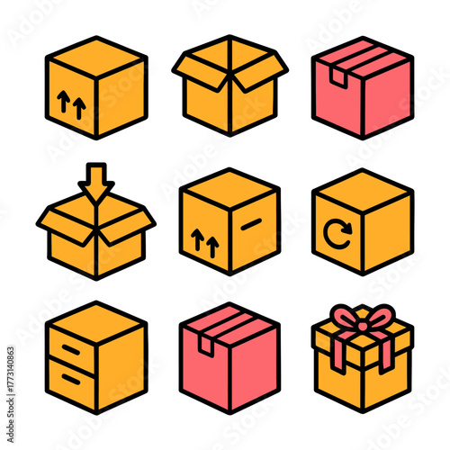 Nine colorful box icons: open, closed, gift, and drawer variations.