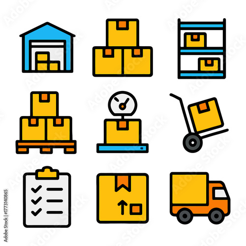 Warehouse logistics icons with cartons, pallet, scale, and delivery truck.