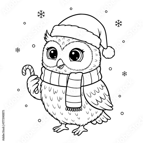 Owl holding candy cane with Santa hat and scarf, coloring book page for toddlers Generative AI