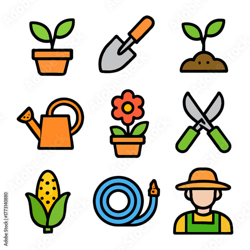 Colorful gardening icons featuring tools, plants, and a gardener.
