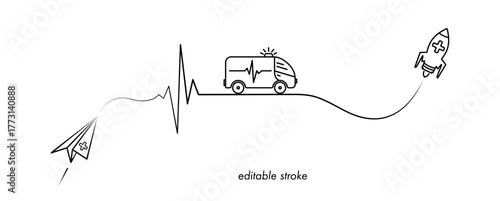 Editable stroke medical care illustration with ambulance car, paper plane, rocket, cardiogram. Abstract health care design to use for medical emergency, medical business projects.