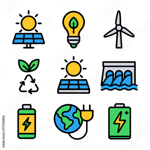 Renewable energy icons: solar, wind, hydro, and eco-friendly symbols.