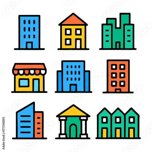 Colorful building icons set: skyscraper, house, store, apartments, modern structures.