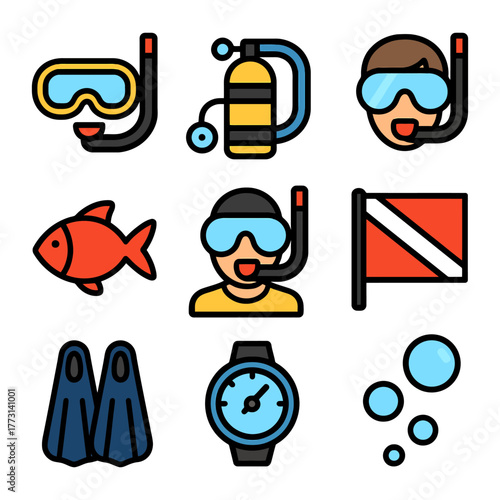 Diving equipment icons featuring snorkel, flippers, and fish illustration.