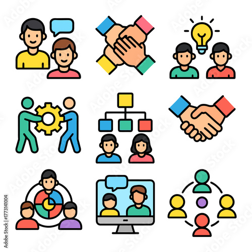 Teamwork and collaboration icons: communication, innovation, unity, and growth.