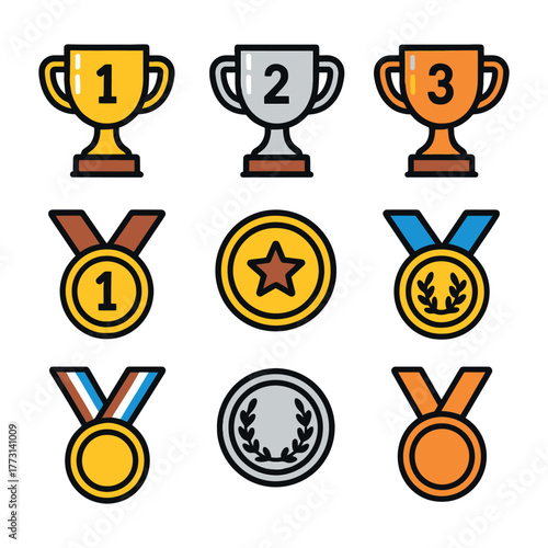 Gold, silver, and bronze trophies and medals with numbers and laurel wreaths.