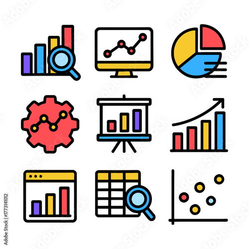 Colorful business analytics icons with graphs and charts for data visualization.