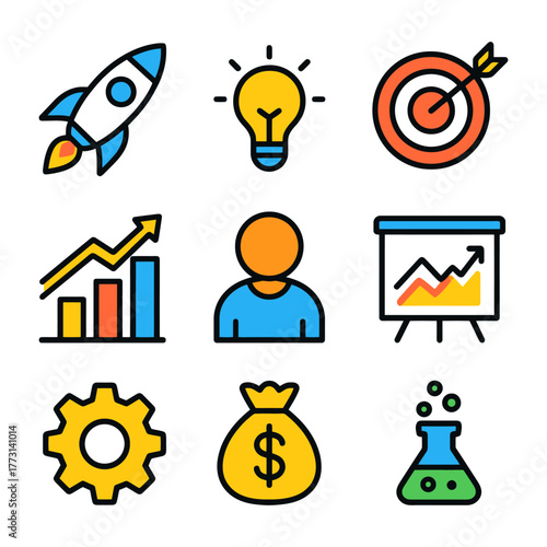 Business success icons: rocket, lightbulb, target, graph, person, chart, gear, money, flask.