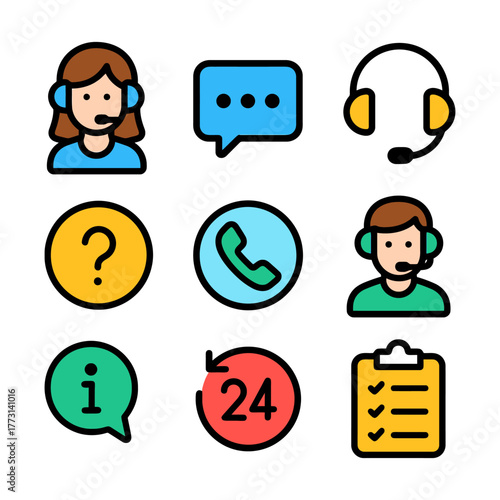 Customer service icons: support, communication, information, accessibility, availability.