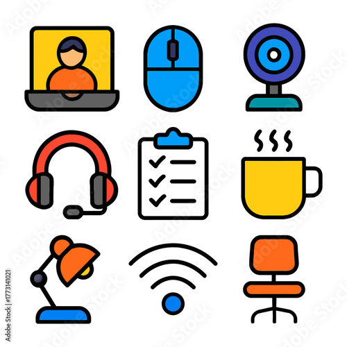 Video conferencing essentials: icons of laptop, headset, webcam, and office items.