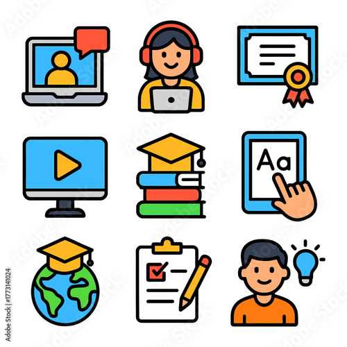 Colorful online education icons featuring diverse learning tools and digital student engagement.
