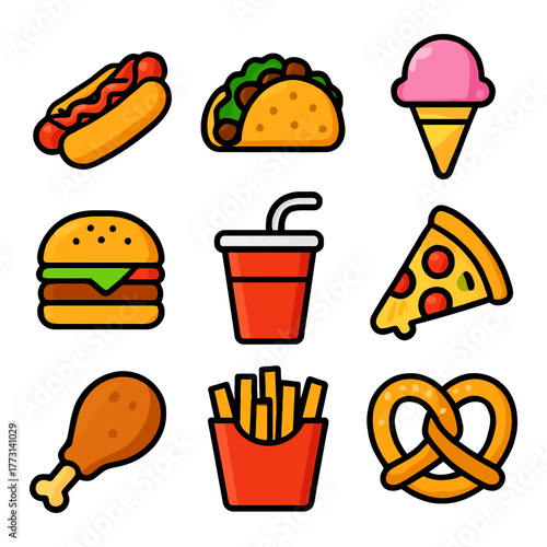 Colorful fast food icons: hot dog, taco, ice cream, burger, drink, pizza, chicken, fries, pretzel.