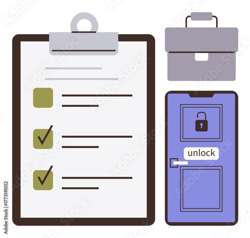 Clipboards with marked checkboxes, a briefcase, and a door with an unlocked sign convey themes of organization, productivity, preparation, and opportunity. Ideal for planning, efficiency, business