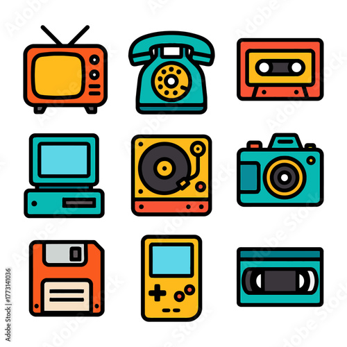Retro technology icons: tv, telephone, cassette, computer, vinyl, camera, floppy, game boy, vhs.