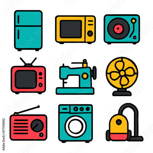 Colorful vintage home appliances collection: fridge, microwave, record player, tv, sewing machine.