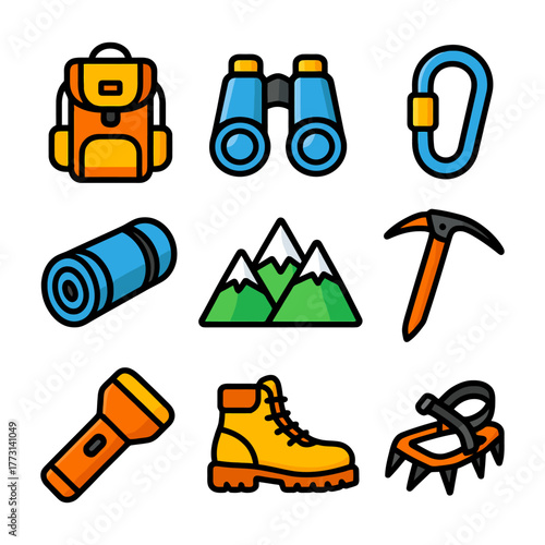 Colorful camping and hiking gear icons – backpack, binoculars, mountain, more.