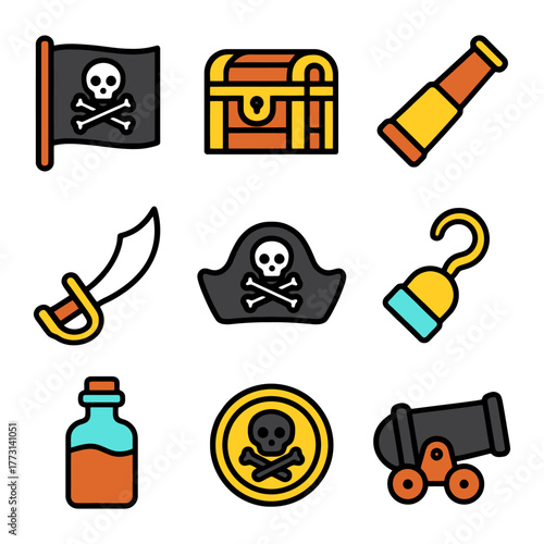 Colorful pirate icons: flag, chest, telescope, sword, hat, hook, bottle, coin, cannon.