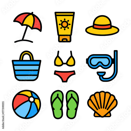Colorful beach essentials icons: umbrella, sunscreen, hat, bag, bikini, snorkel, ball, flip-flops, shell.