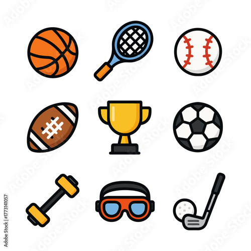 Colorful sports icons: basketball, tennis, baseball, trophy, soccer, football, weights, goggles, golf.