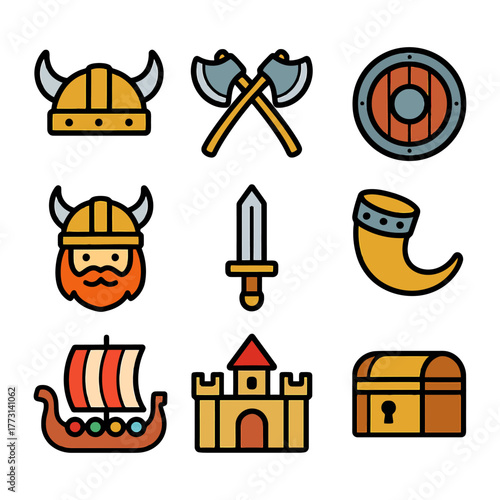 Viking symbols: helmet, axes, shield, ship, castle, treasure, sword, horn.