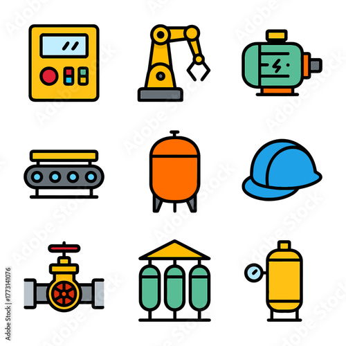 Colorful industrial equipment icons: robotics, machinery, safety gear.